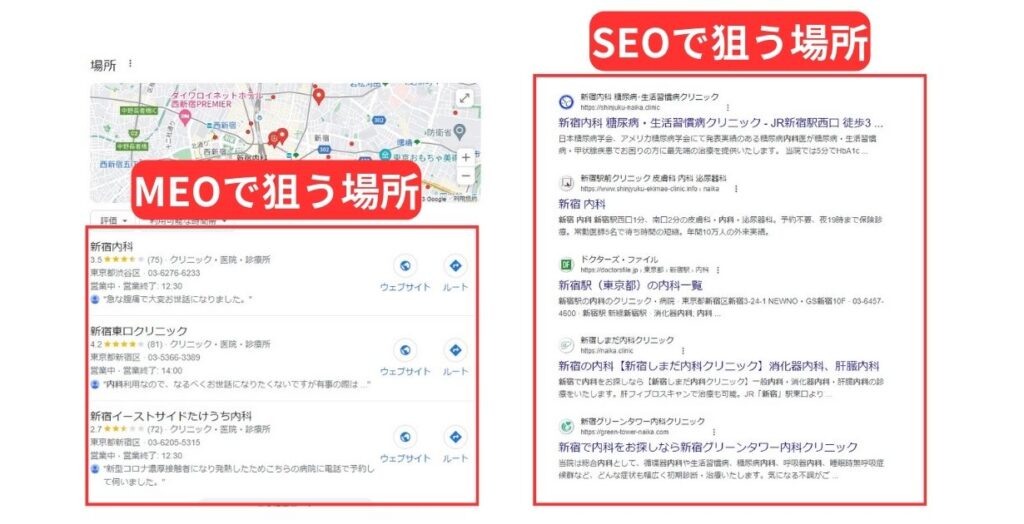 MEO対策とSEO対策で上位表示を狙う位置の違い