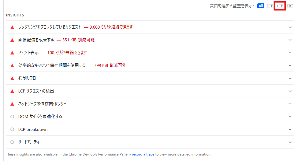 PageSpeed InsightsでLCPに関する指標に絞り込む