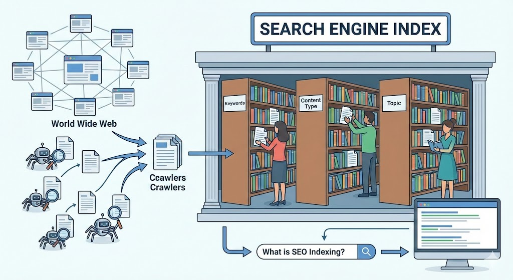 クロール⇒インデックス⇒ランキングを図書館に例えた図